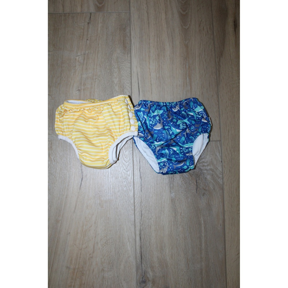 Green Sprouts Reusable Swim Diapers Set 18M 24M Yellow Stripe Blue Shark Ocean